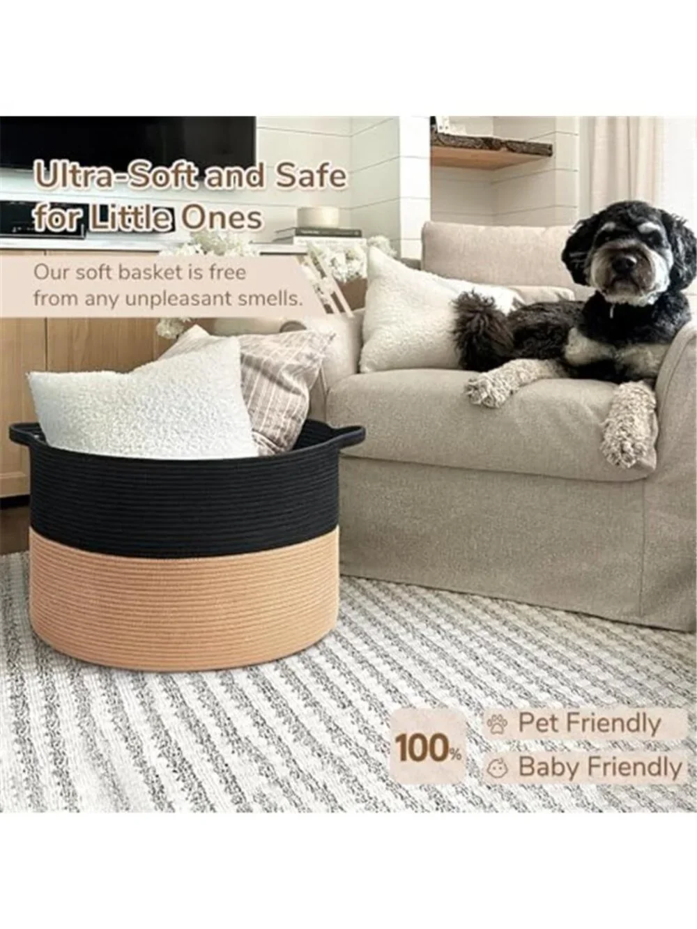 New XXXLarge Woven Rope Blanket Basket Living Room Black Camel, 90L